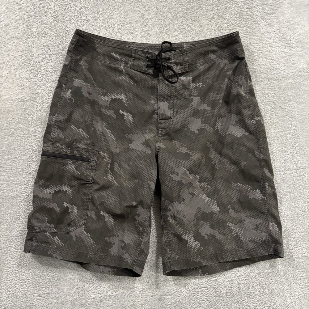 Simms Solar Flex Swim Shorts Men's 32 Camo Hiking Green Beach Summer